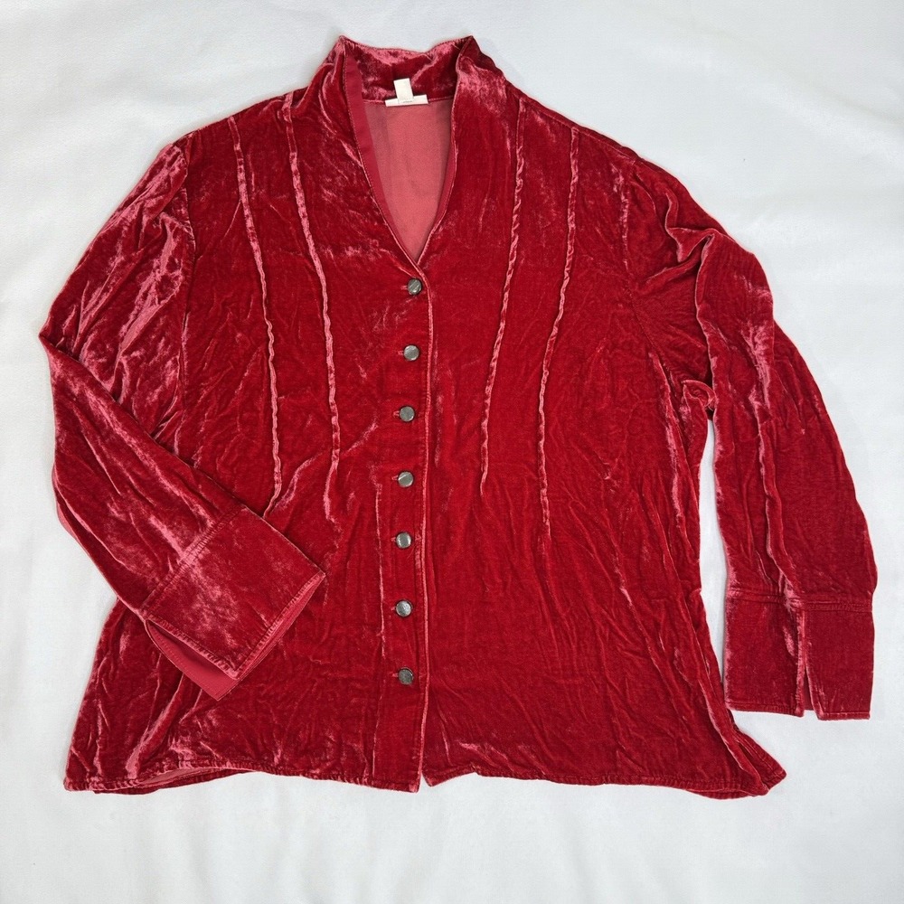 J Jill Womens 2X Crushed Velvet Silk Blend Button Up Shirt Cardigan Soft Pleat